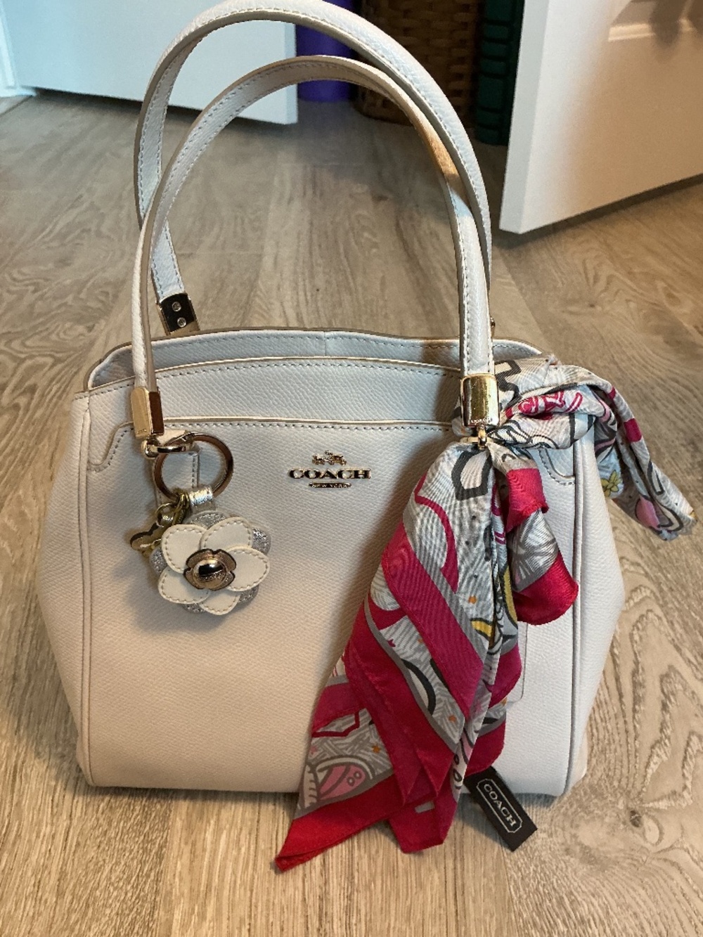 Coach Ivory Blush Leather Satchel Set + Matching Wallet & 100% Silk Scarf